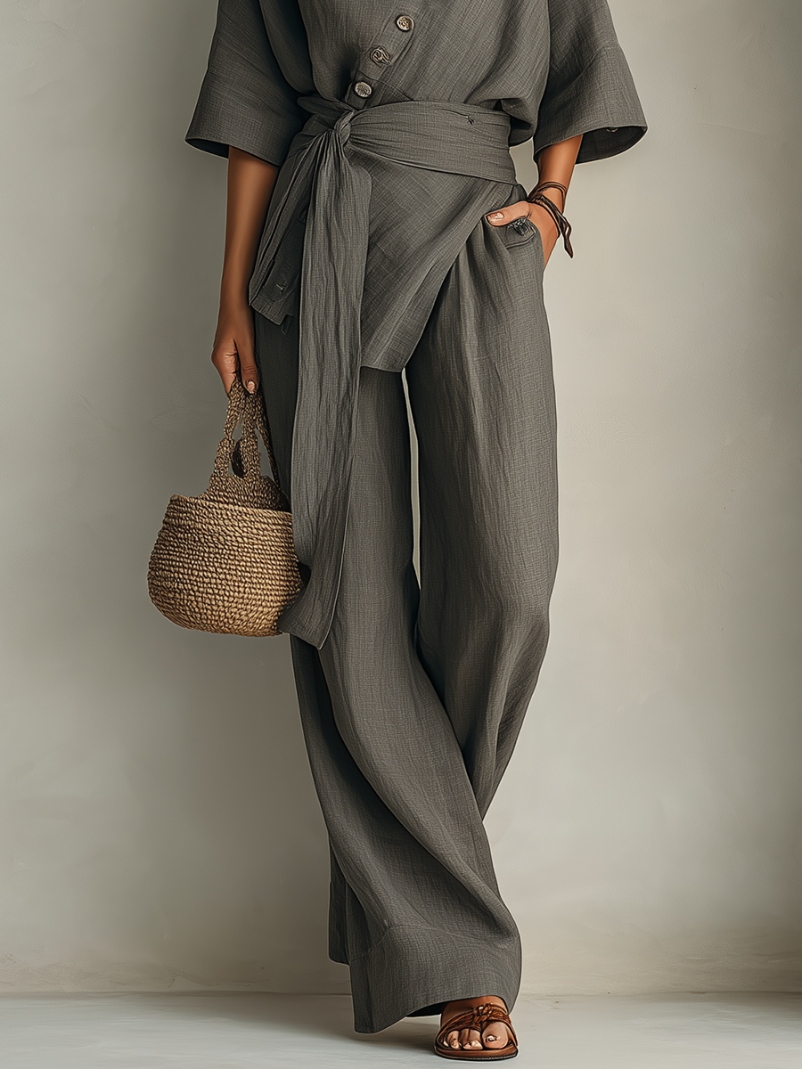 Coastal Minimal Textured Linen Two-Piece Pants Set