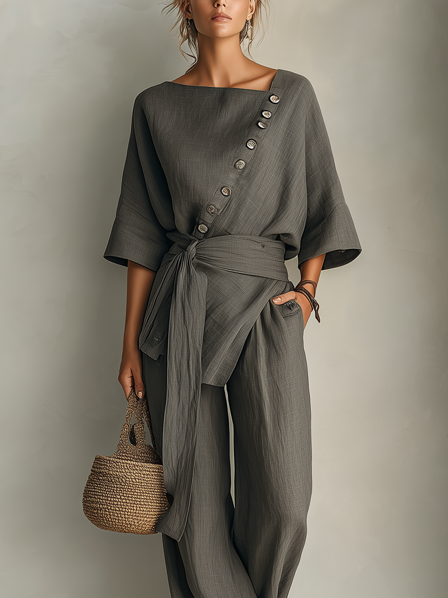 Coastal Minimal Textured Linen Two-Piece Pants Set