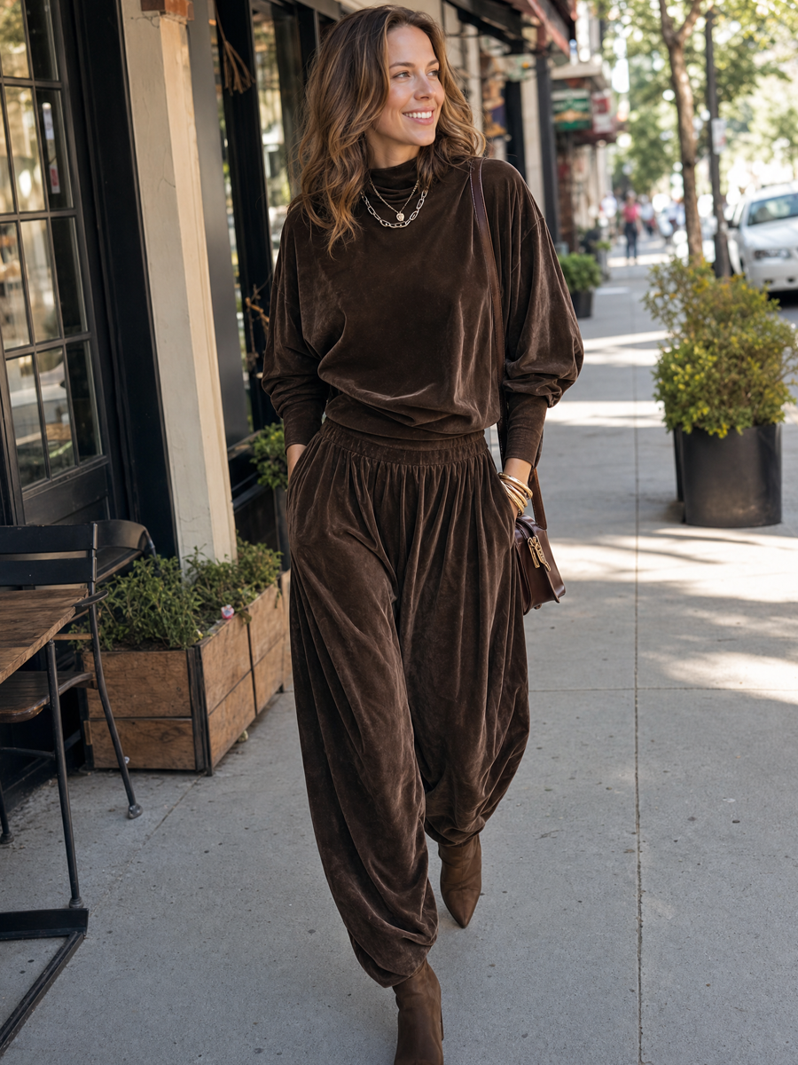 Luxury Brown Velvet Top And Lantern Pants Set