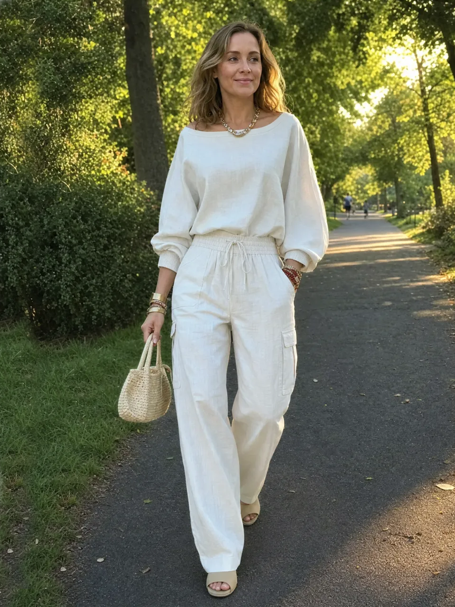 Bohemian Linen Top And Cargo Pants Set