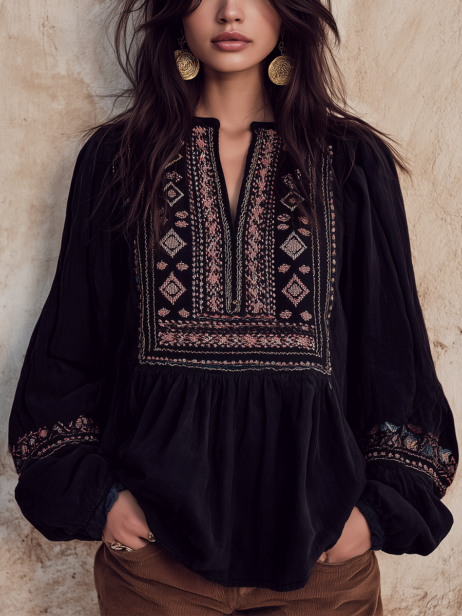 Women's Boho Embroidered Zip-Up Peplum Long Balloon Sleeves Blouse