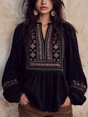 Women's Boho Embroidered Zip-Up Peplum Long Balloon Sleeves Blouse