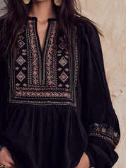 Women's Boho Embroidered Zip-Up Peplum Long Balloon Sleeves Blouse