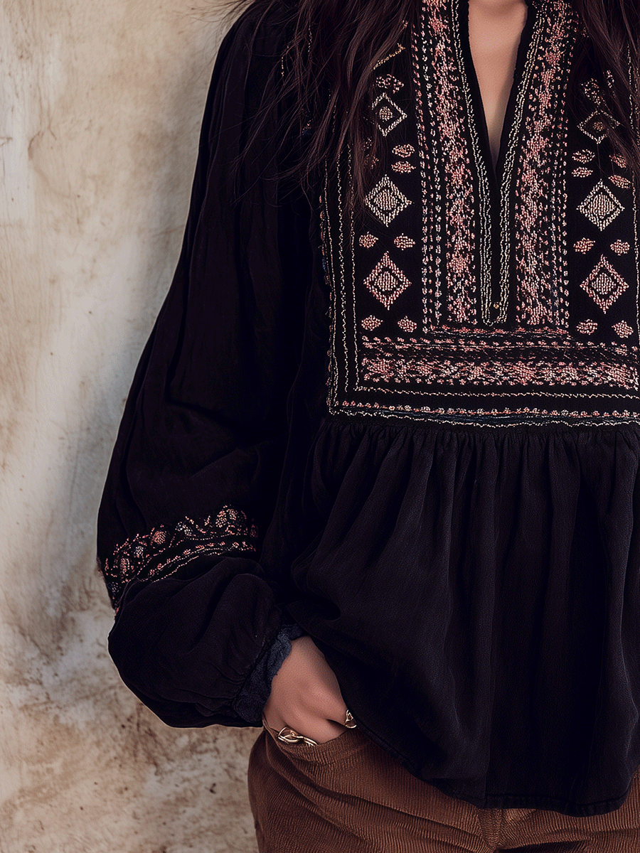 Women's Boho Embroidered Zip-Up Peplum Long Balloon Sleeves Blouse