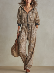 Modern Leopard Print Hooded Drawstring Jumpsuit