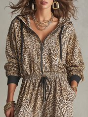 Modern Leopard Print Hooded Drawstring Jumpsuit