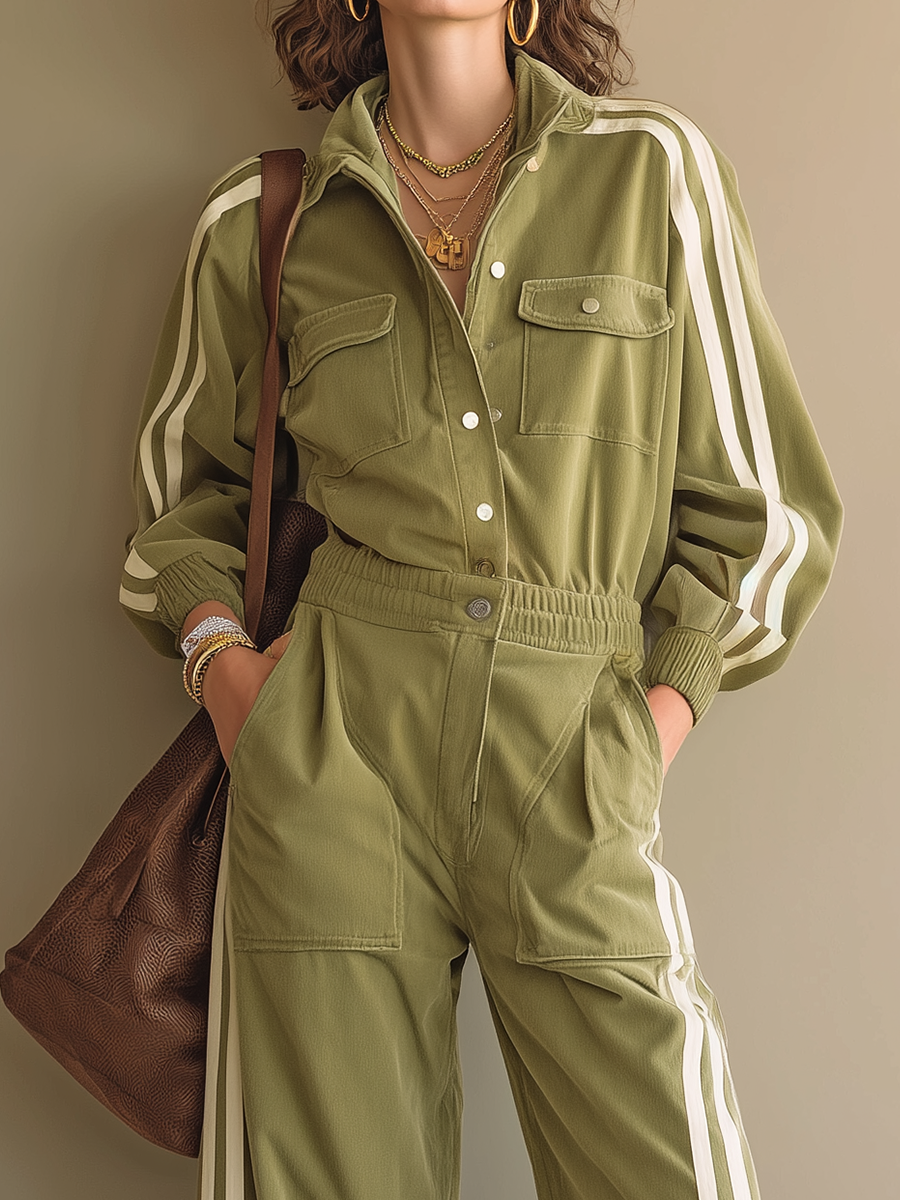 Utility Olive Green Striped Cargo Pant Set