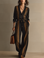 Chic Black Leopard Panel Tie-Waist Jumpsuit