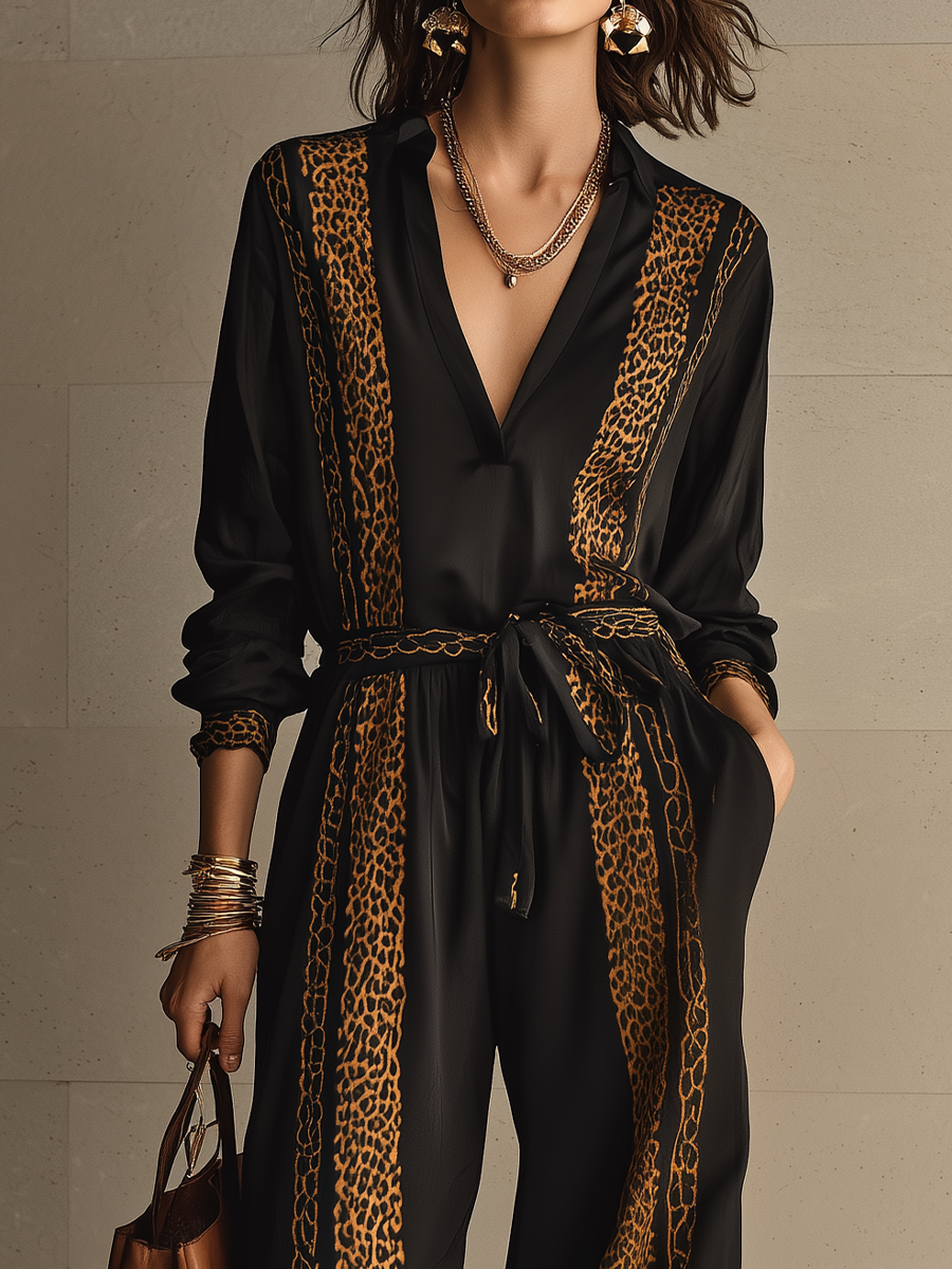 Chic Black Leopard Panel Tie-Waist Jumpsuit