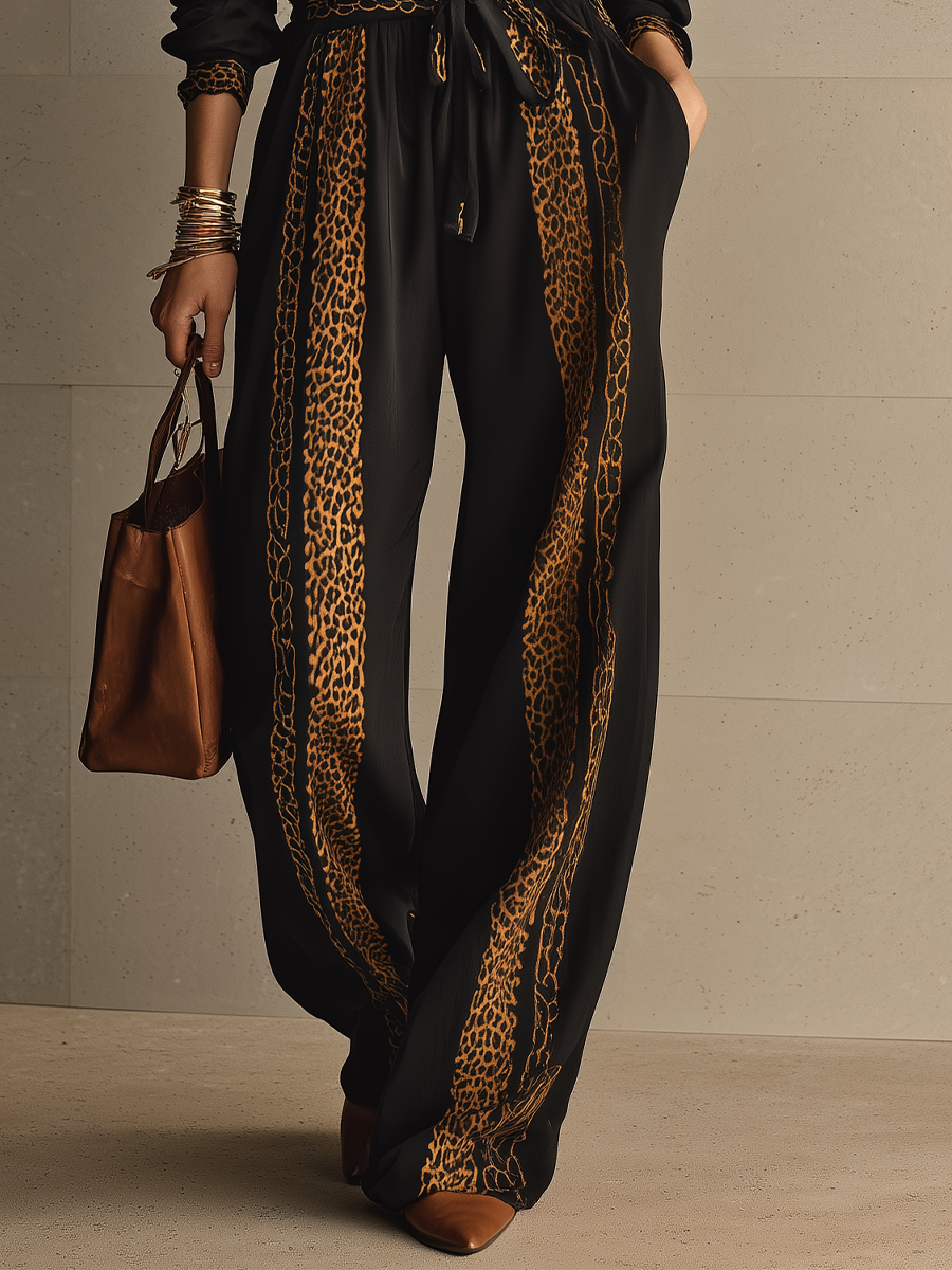 Chic Black Leopard Panel Tie-Waist Jumpsuit
