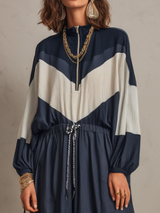 Relaxed Navy Blue Contrast Panel Drawstring Maxi Dress