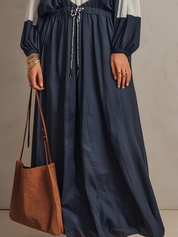 Relaxed Navy Blue Contrast Panel Drawstring Maxi Dress