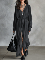 Women's V-Neck Long Sleeve Tie-Waist Side Slit Maxi Dress