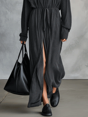 Women's V-Neck Long Sleeve Tie-Waist Side Slit Maxi Dress