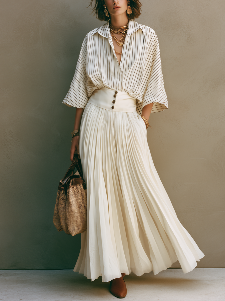 Elegant Ivory Striped Pleated Skirt Set