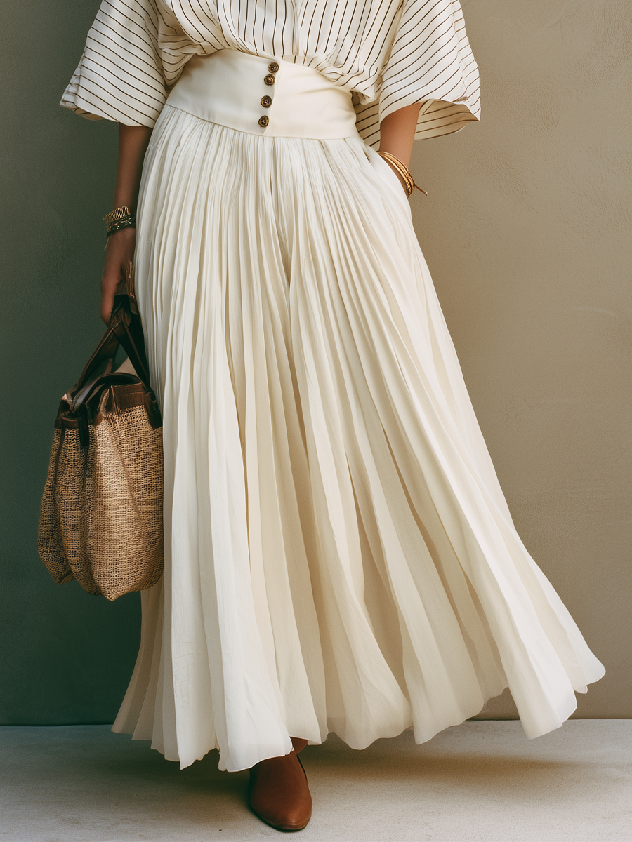 Elegant Ivory Striped Pleated Skirt Set