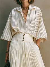 Elegant Ivory Striped Pleated Skirt Set