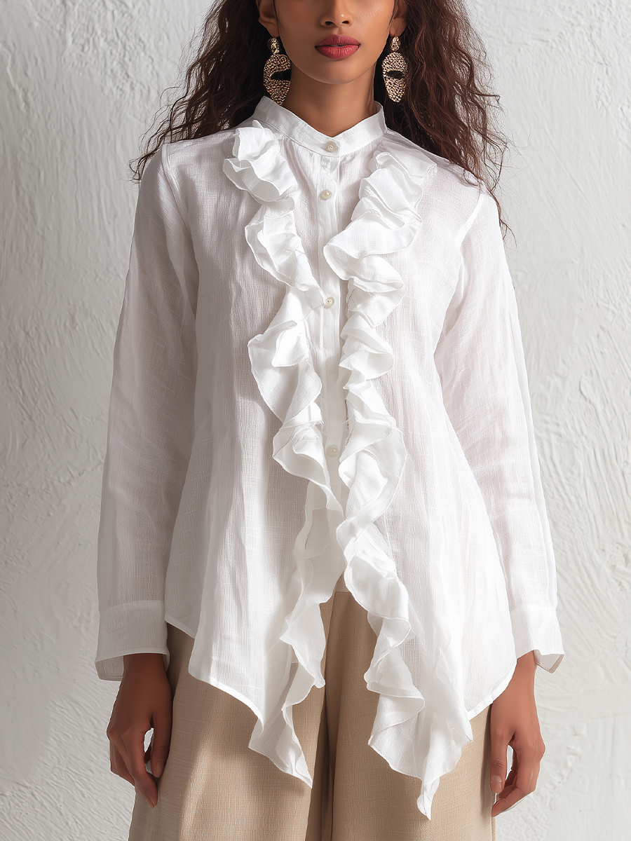 Romantic White Ruffle Front Button-Up Blouse
