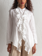Romantic White Ruffle Front Button-Up Blouse