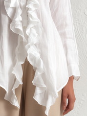 Romantic White Ruffle Front Button-Up Blouse