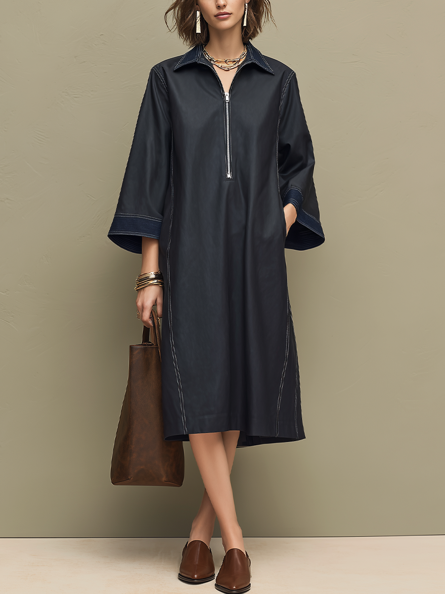Minimalist Half-Zip A-Line Midi Dress