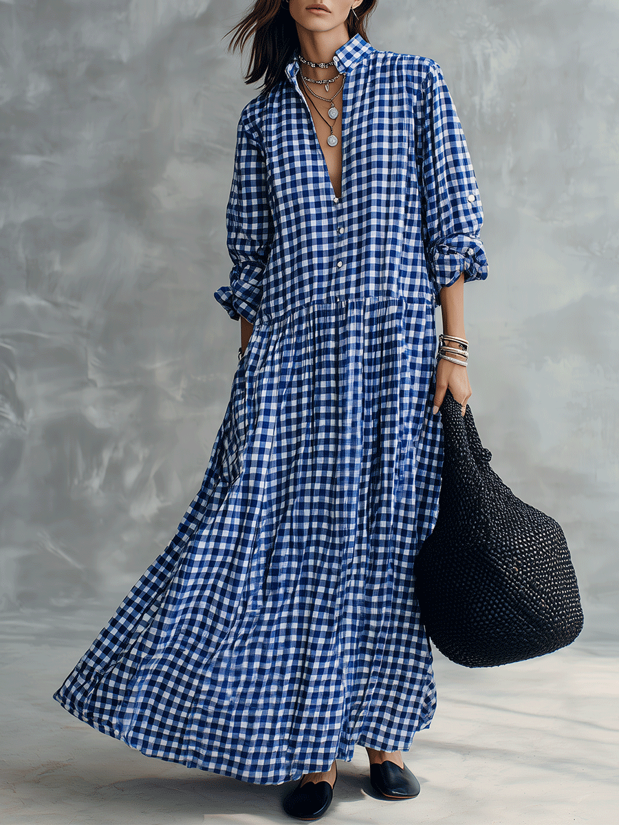 Blue Gingham Check Long Sleeve Maxi Shirt Dress