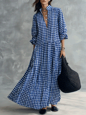 Blue Gingham Check Long Sleeve Maxi Shirt Dress