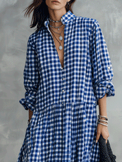 Blue Gingham Check Long Sleeve Maxi Shirt Dress