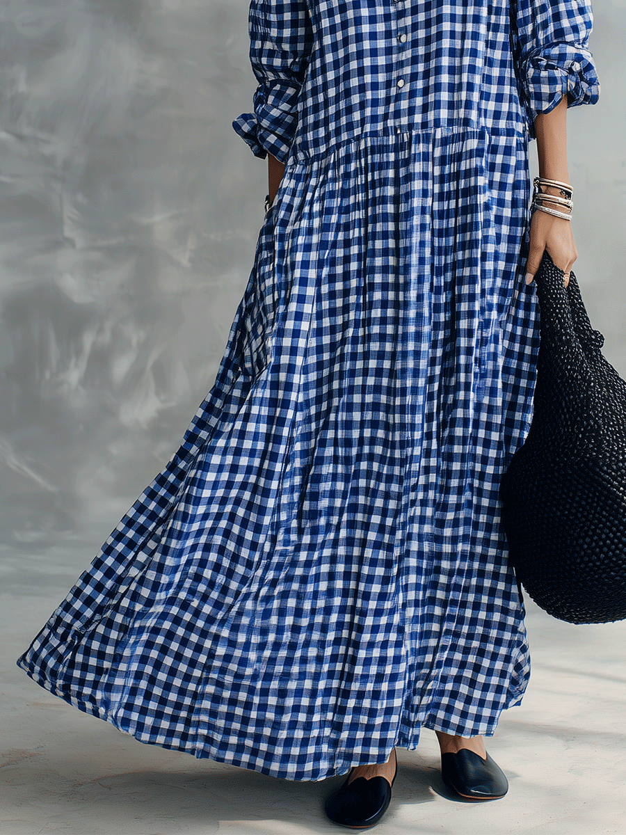 Blue Gingham Check Long Sleeve Maxi Shirt Dress
