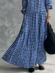 Blue Gingham Check Long Sleeve Maxi Shirt Dress