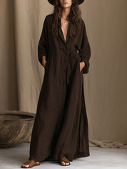 Women's Long Sleeve Belted Deep V Neckline Maxi Shirt Dress