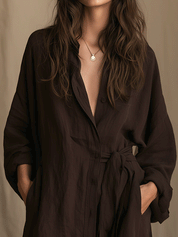 Women's Long Sleeve Belted Deep V Neckline Maxi Shirt Dress