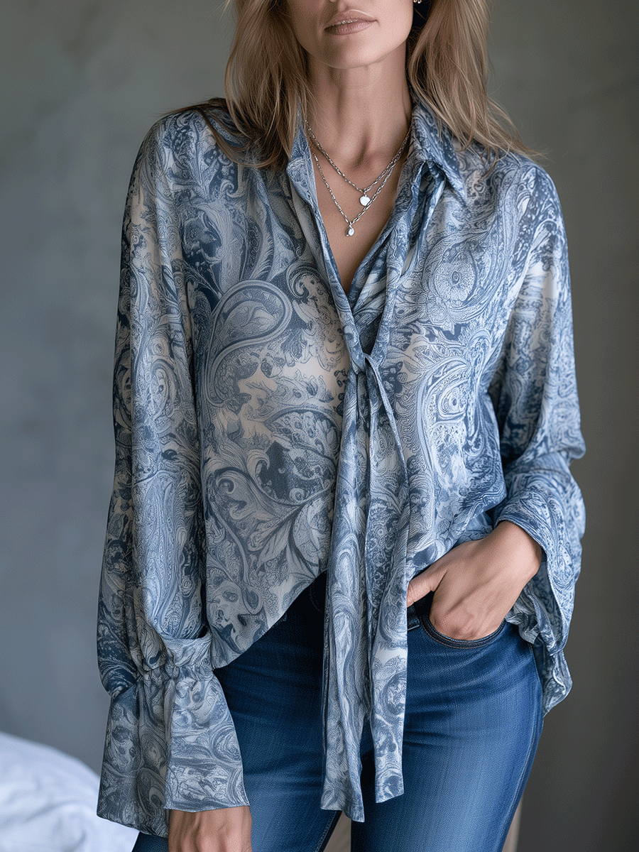 Women's Paisley Print Chiffon Tie Neck Blouse