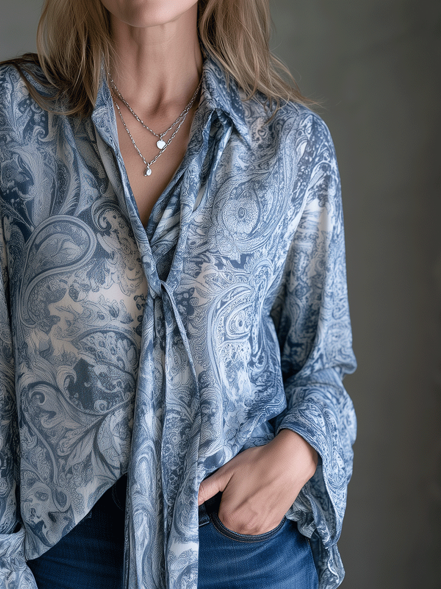 Women's Paisley Print Chiffon Tie Neck Blouse