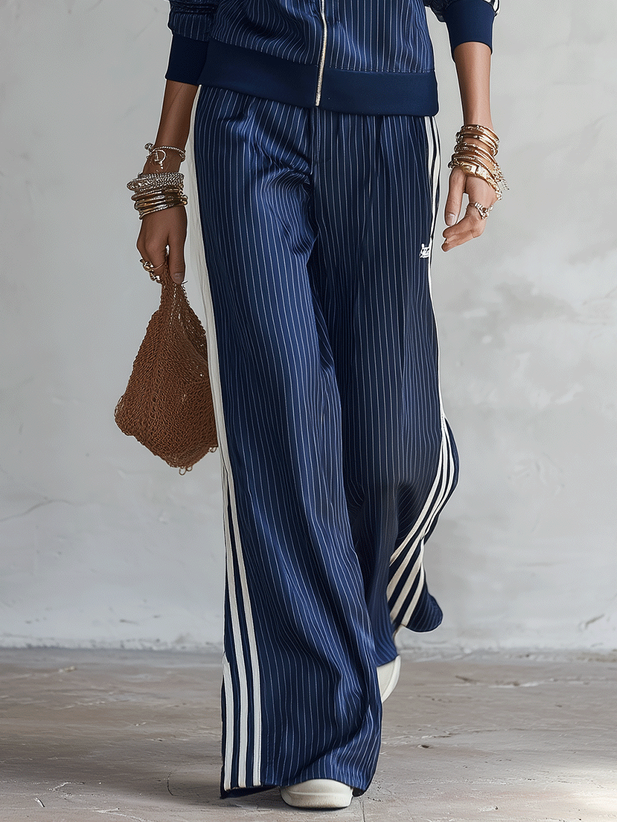 Women's Satin Pinstripe Tracksuit Set - Zip-Up Jacket & Wide-Leg Pants