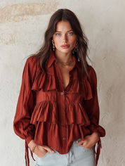 Romantic Boho Cotton Tiered-Ruffle Button-Front Rust Blouse
