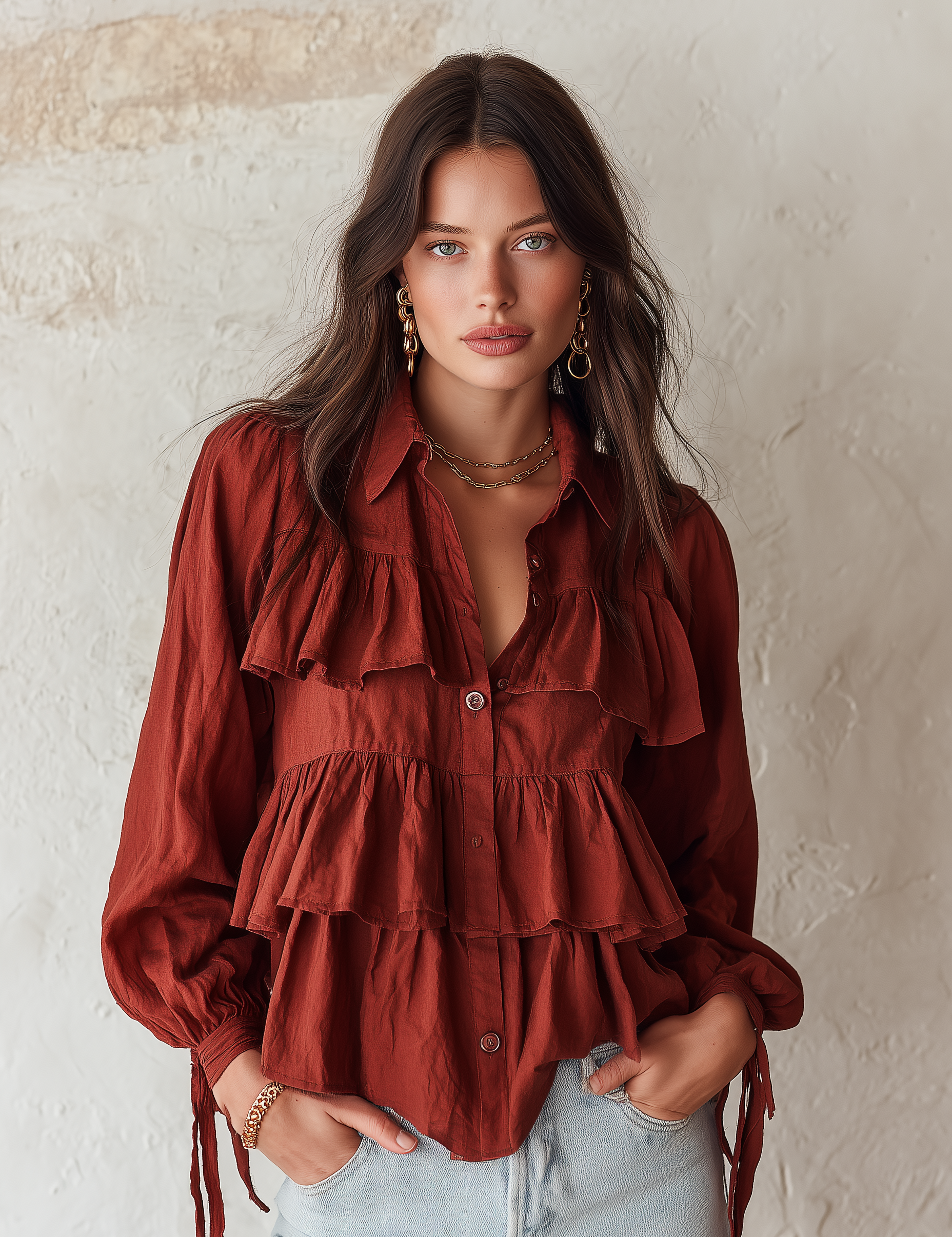 Romantic Boho Cotton Tiered-Ruffle Button-Front Rust Blouse