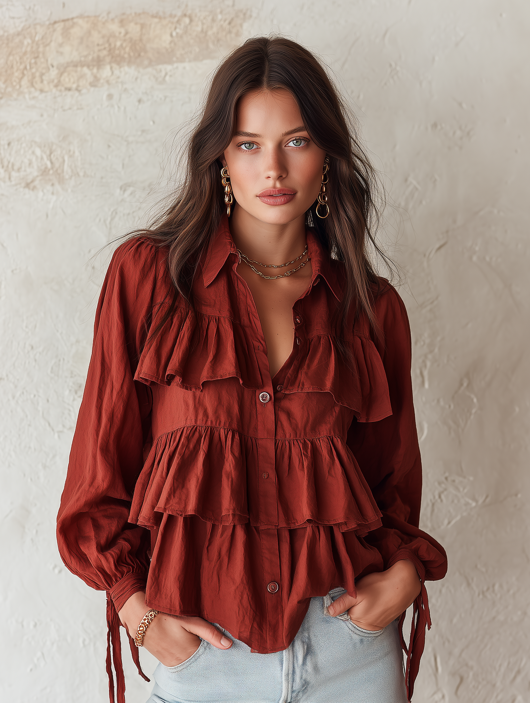 Romantic Boho Cotton Tiered-Ruffle Button-Front Rust Blouse