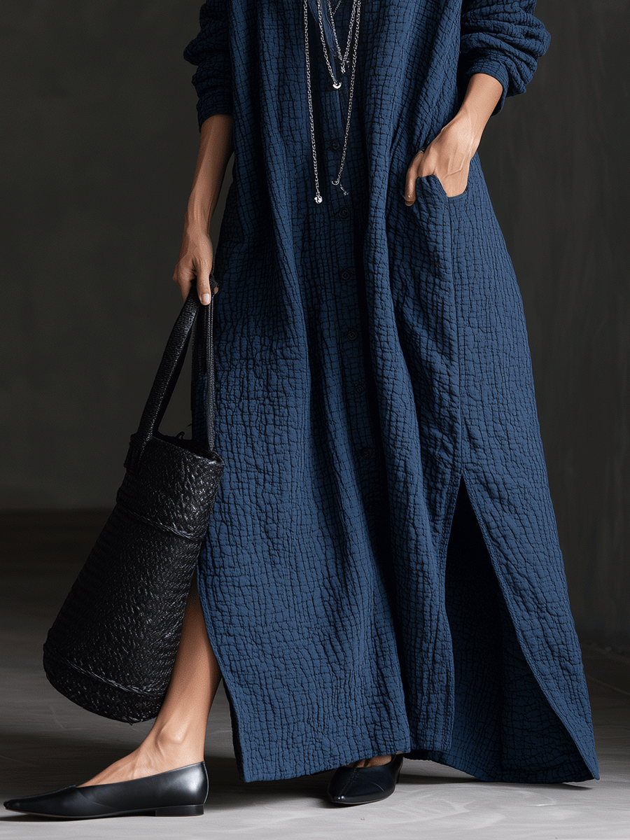 Textured Long Sleeve Button-Front Maxi Shirt Dress