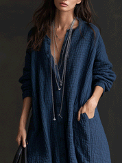 Textured Long Sleeve Button-Front Maxi Shirt Dress