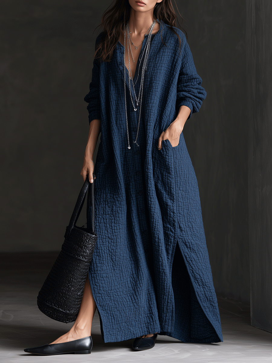 Textured Long Sleeve Button-Front Maxi Shirt Dress