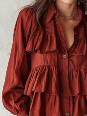 Romantic Boho Cotton Tiered-Ruffle Button-Front Rust Blouse