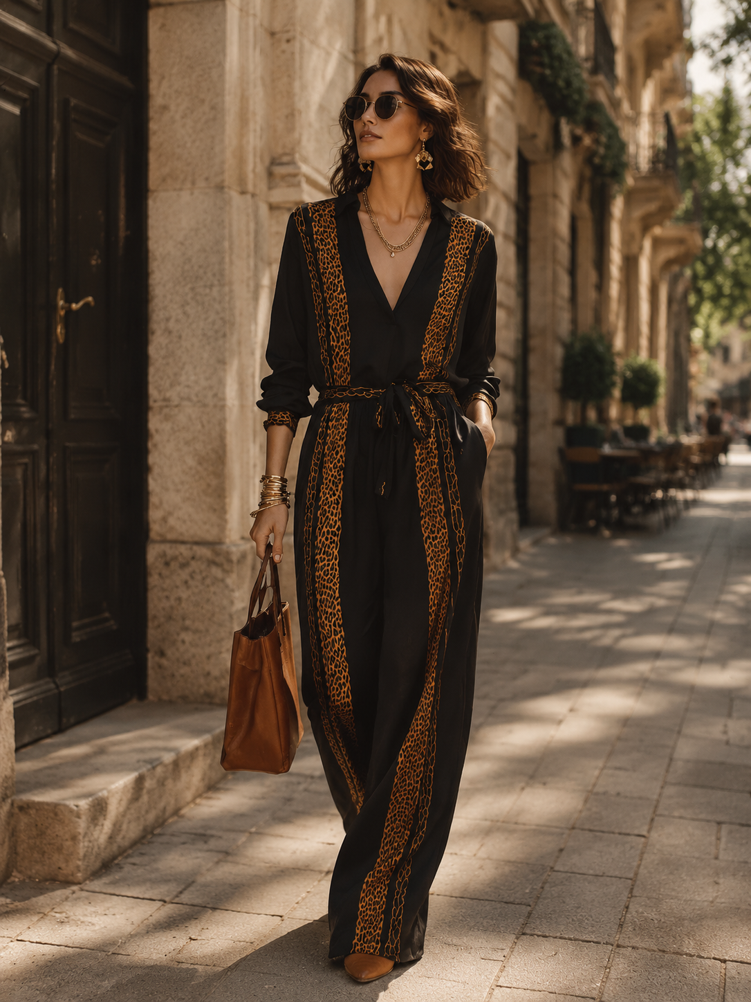 Chic Black Leopard Panel Tie-Waist Jumpsuit