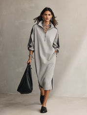 Half-Zip Contrast Stripe Oversized Sweatshirt Midi Dress