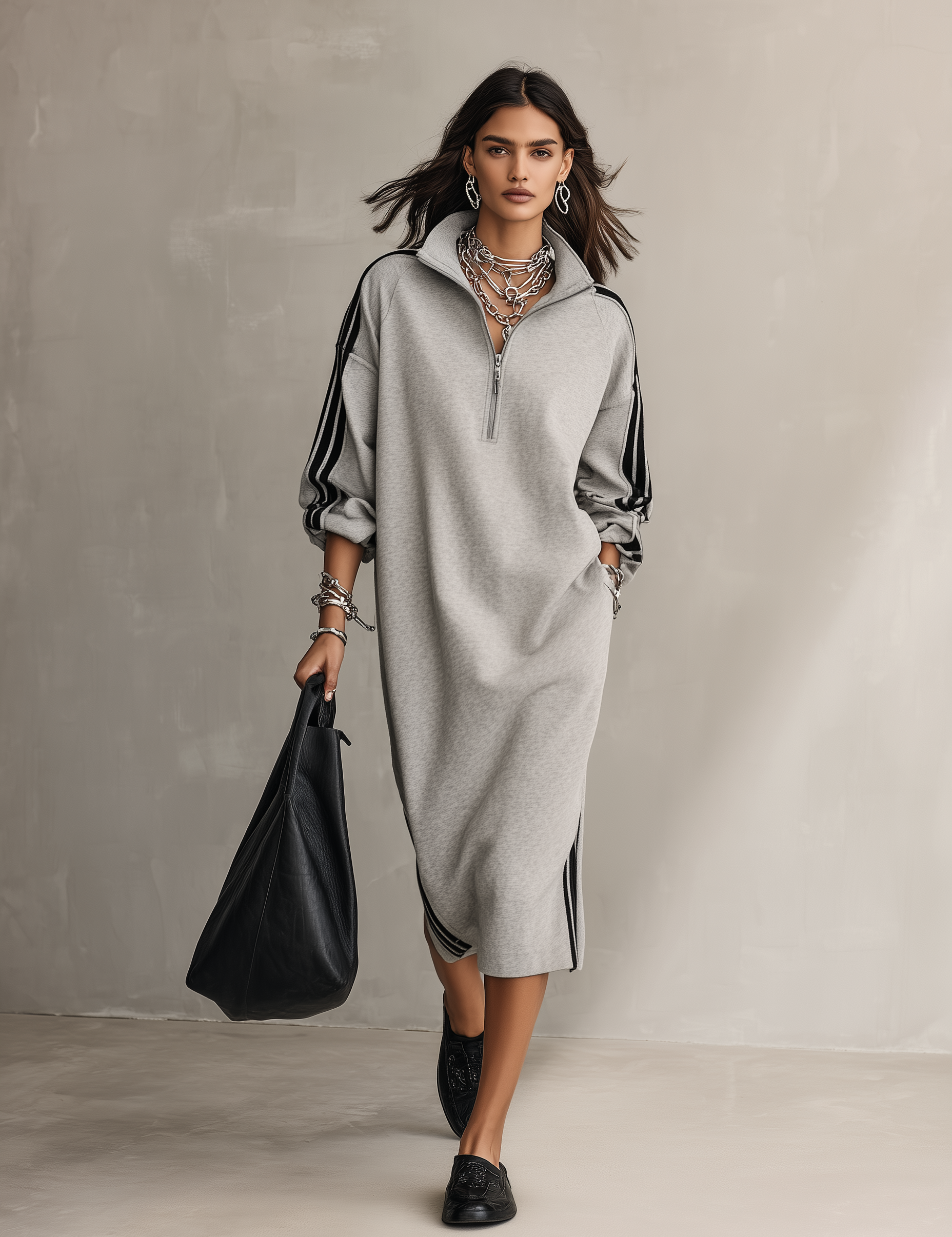 Half-Zip Contrast Stripe Oversized Sweatshirt Midi Dress