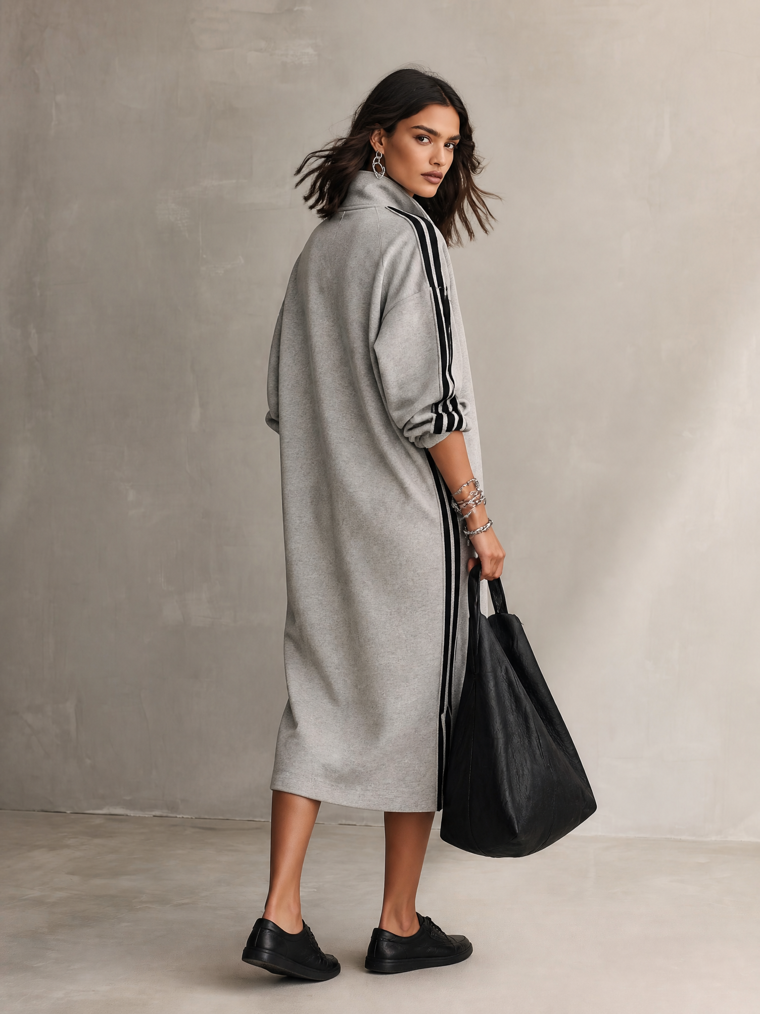 Half-Zip Contrast Stripe Oversized Sweatshirt Midi Dress