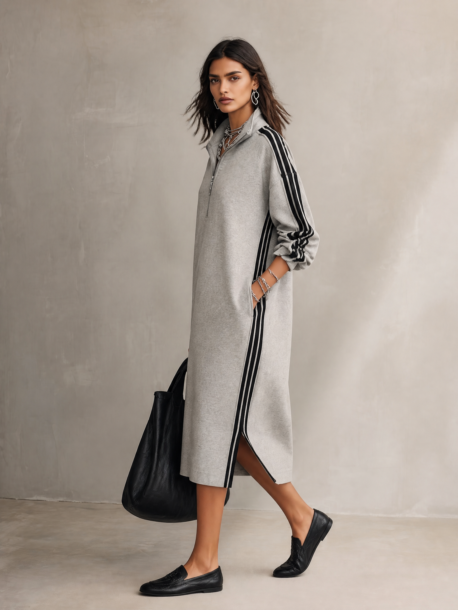 Half-Zip Contrast Stripe Oversized Sweatshirt Midi Dress
