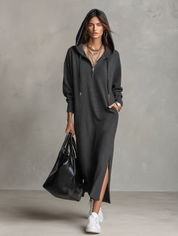 Women's Zip-Up Hooded Sweater Side Slit Maxi Dress