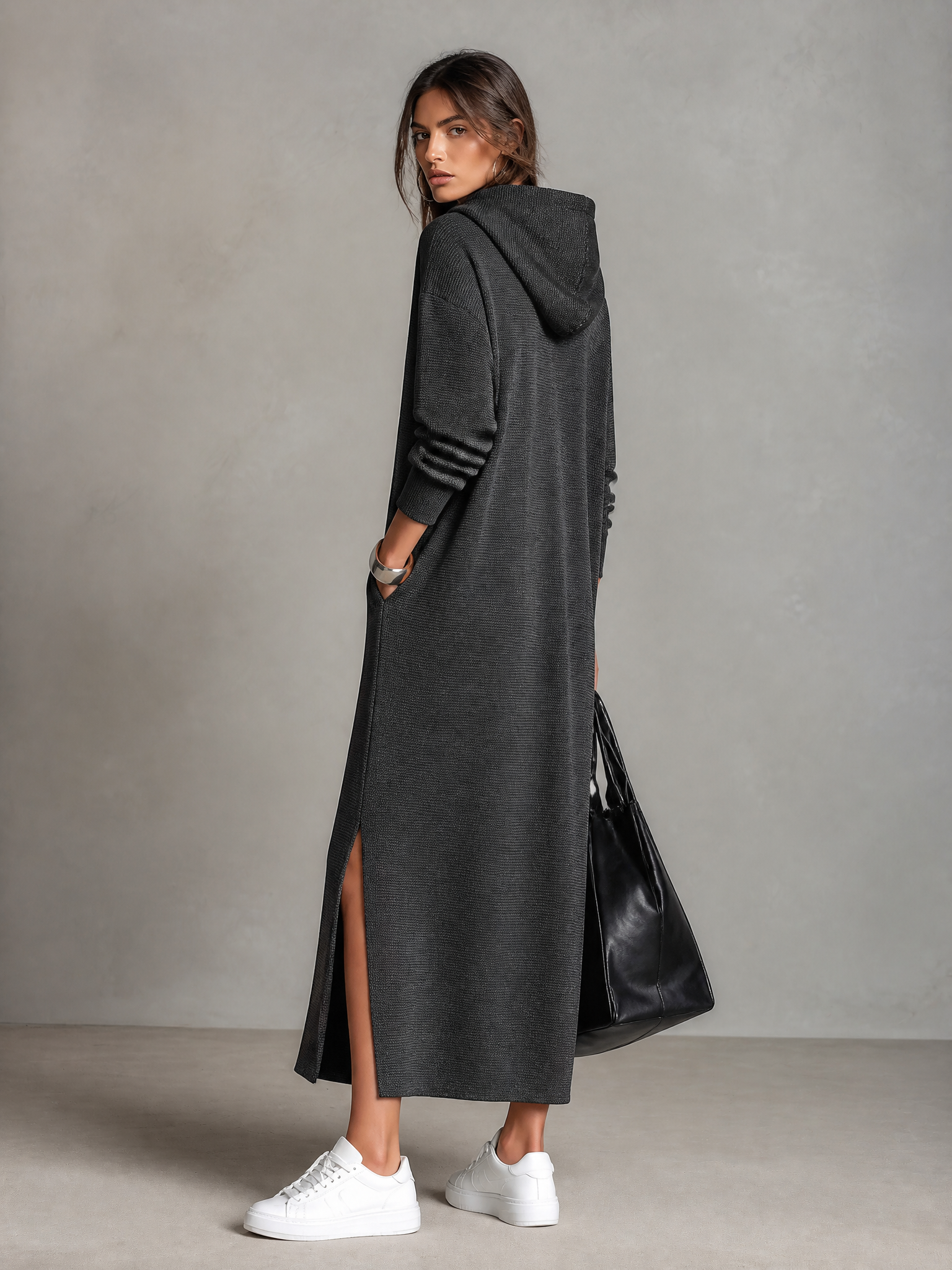 Women's Zip-Up Hooded Sweater Side Slit Maxi Dress