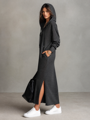 Women's Zip-Up Hooded Sweater Side Slit Maxi Dress